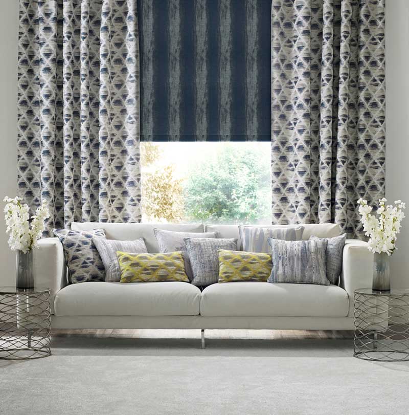 navy coloured curtains in living room